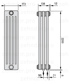 Схема (чертеж) Радиатор Zehnder Charleston 5220/3 №5510 Белый глянцевый RAL 9016